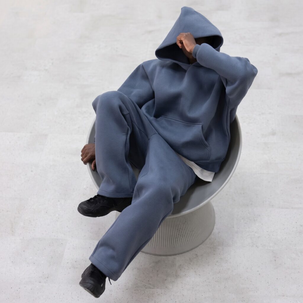 Model wearing custom heavyweight hoodie and sweatpants set