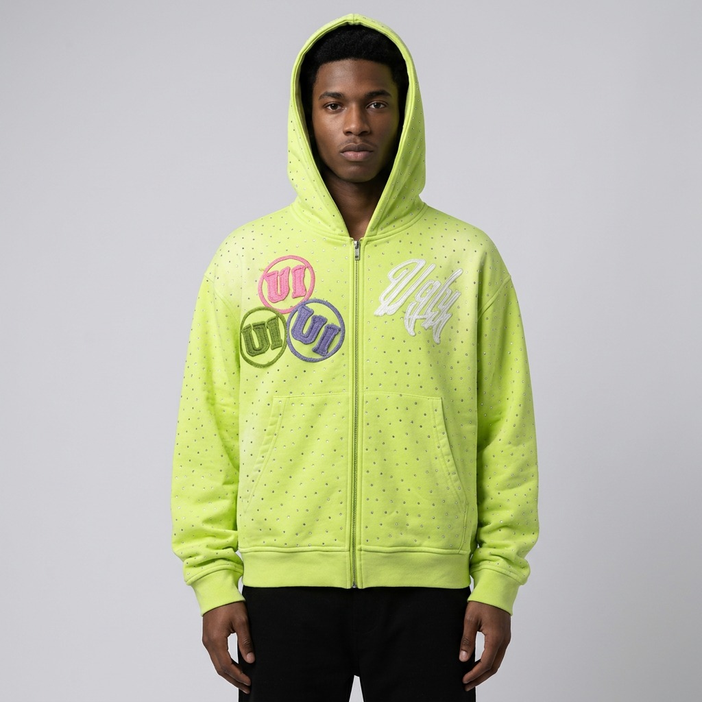 Custom full rhinestone hoodie front view