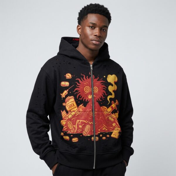 Custom flame graphic zip hoodie model view