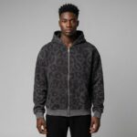 Front view of custom leopard print zip hoodie