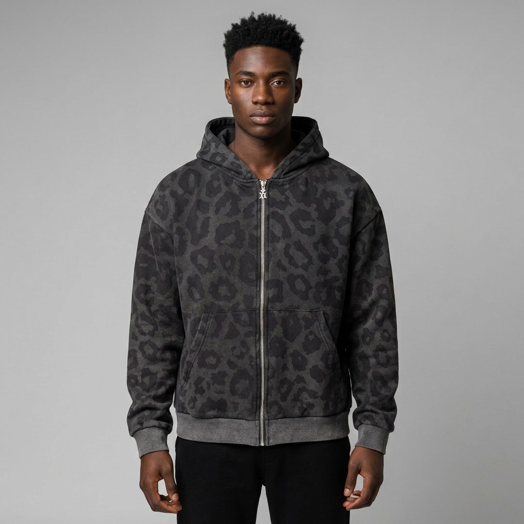 Front view of custom leopard print zip hoodie