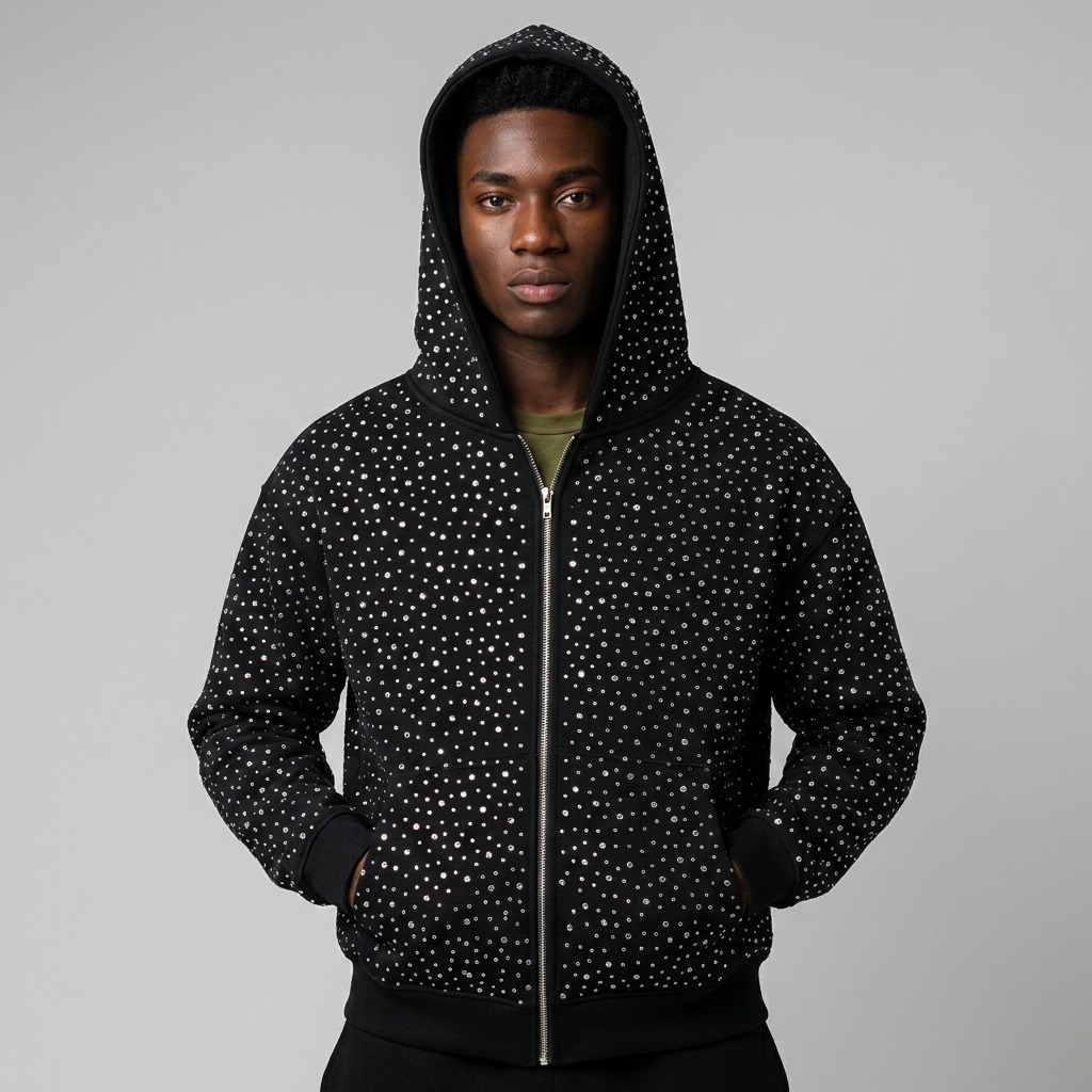 Front view of custom rhinestone zip hoodie
