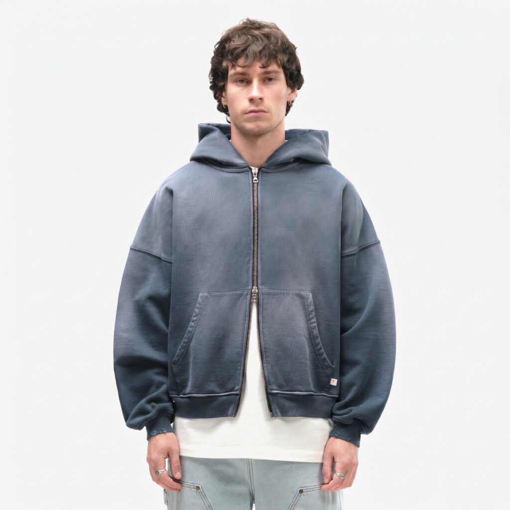 Front view of custom sun faded zip-up hoodie