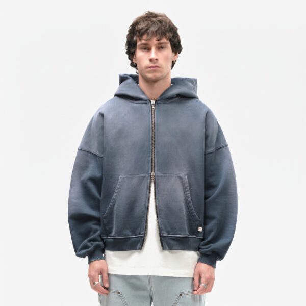 Front view of custom sun faded zip-up hoodie
