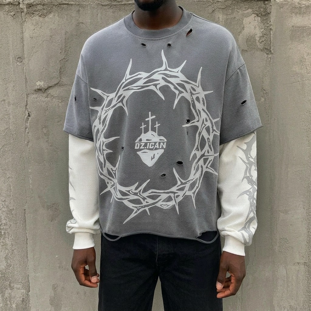 Custom distressed double layer boxy fit t shirt