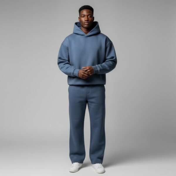Front view of custom heavyweight hoodie and sweatpants set for OEM/ODM streetwear production