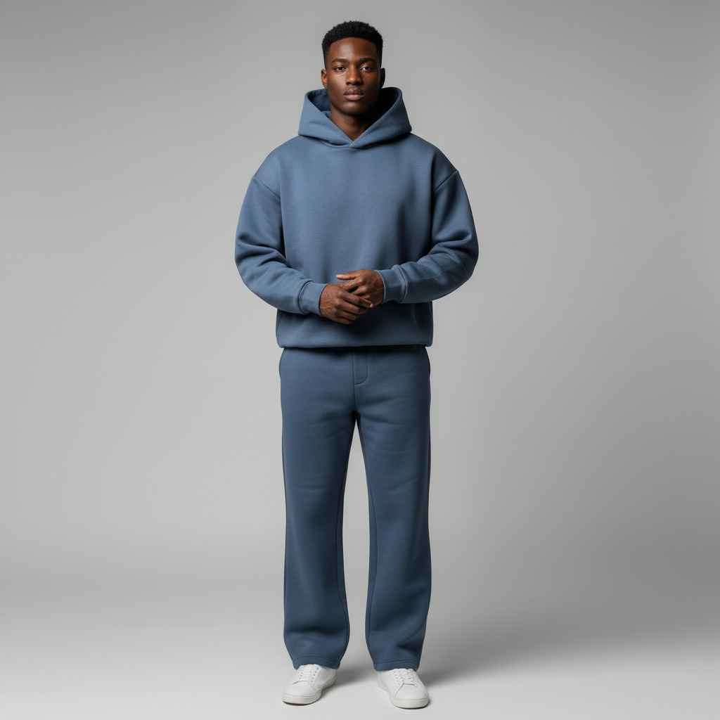 Front view of custom heavyweight hoodie and sweatpants set for OEM/ODM streetwear production
