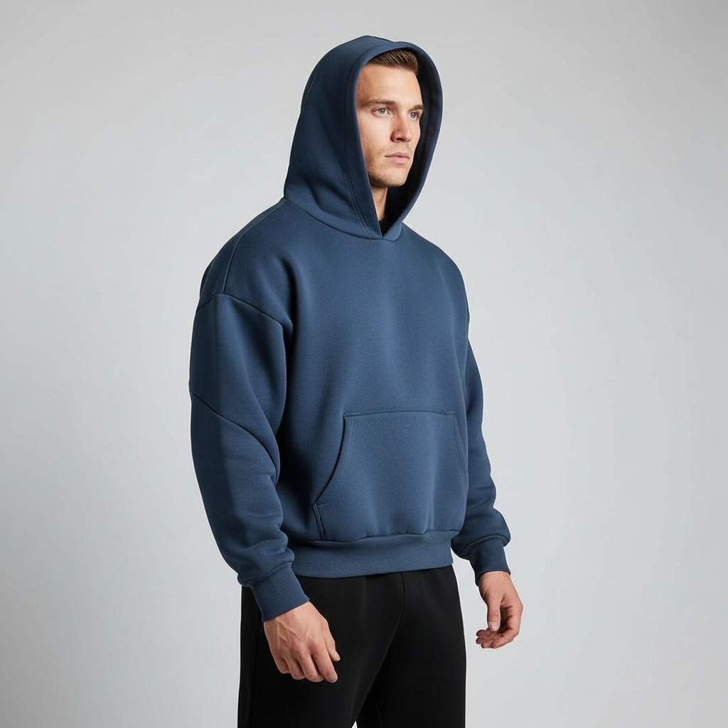 Side view of custom heavyweight hoodie for OEM/ODM streetwear production