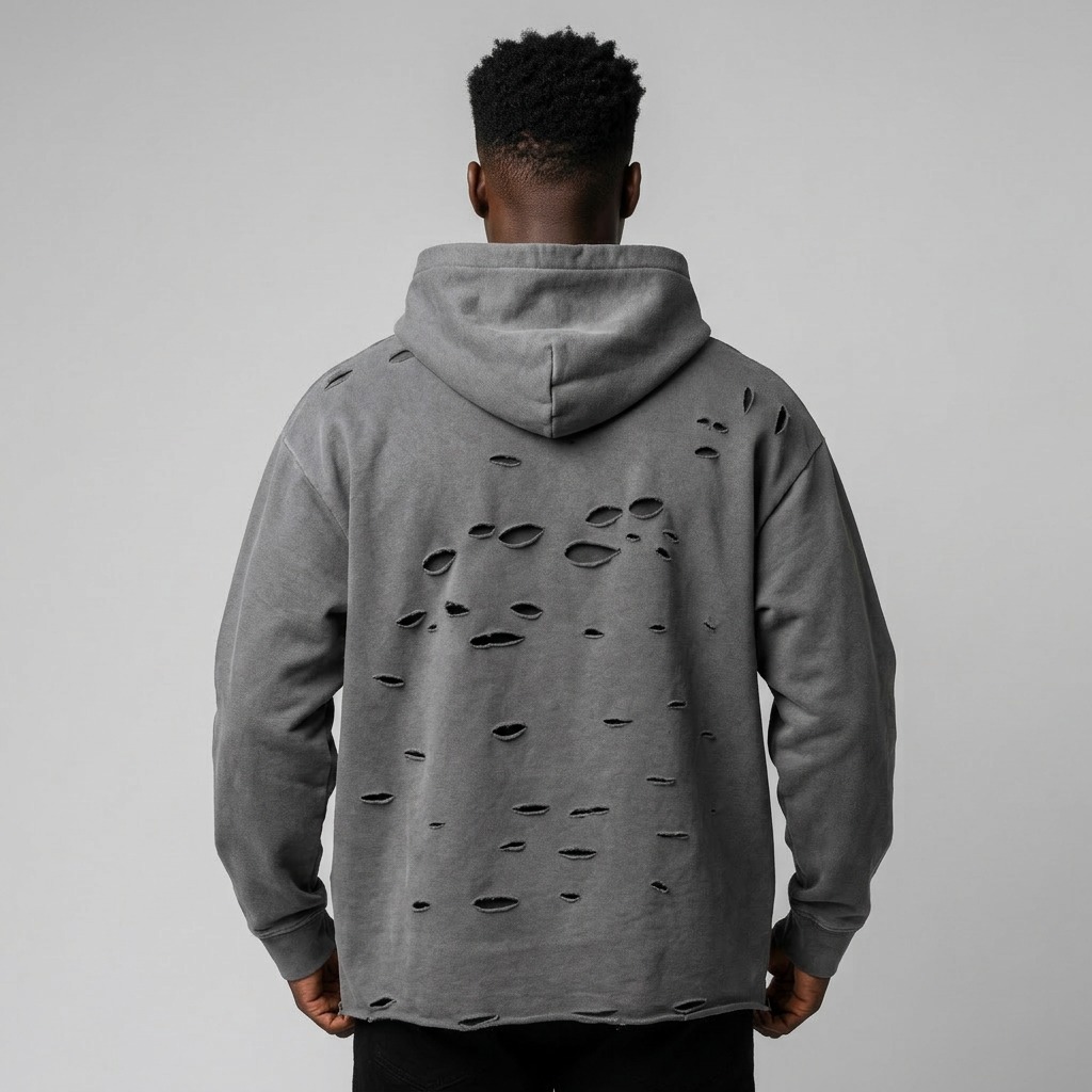 Back view of custom distressed hoodie