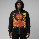 Front view of custom flame zip hoodie