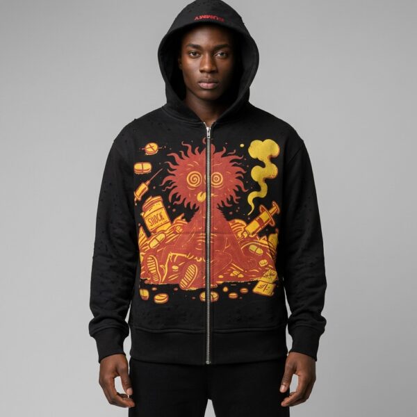 Front view of custom flame zip hoodie