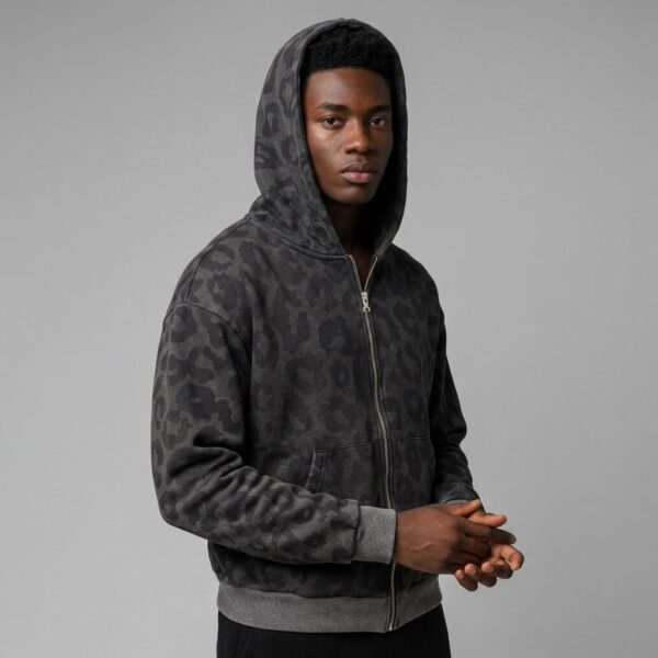 Side view of custom leopard print zip hoodie