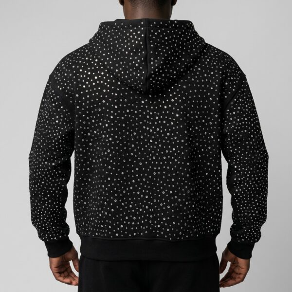Back view of custom rhinestone zip hoodie