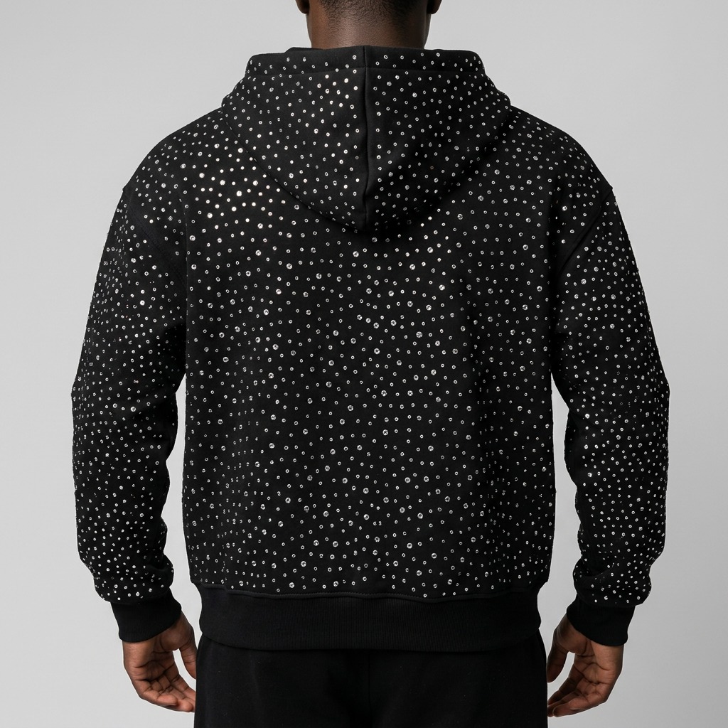 Back view of custom rhinestone zip hoodie