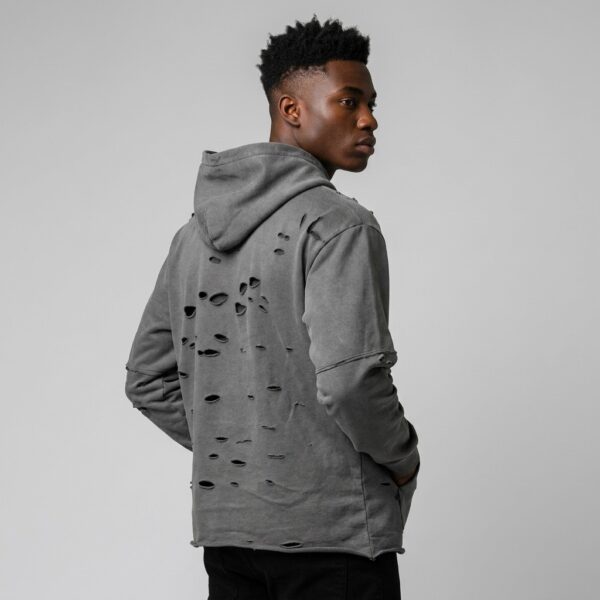 Side view of custom distressed hoodie