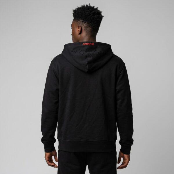 Back view of custom flame zip hoodie