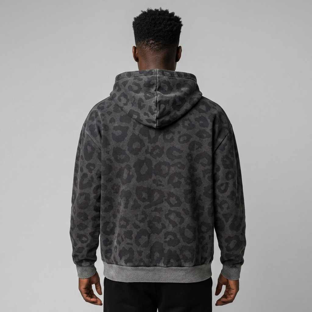 Back view of custom leopard print zip hoodie