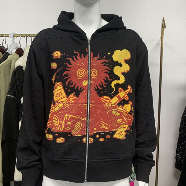 Custom flame graphic zip hoodie front view