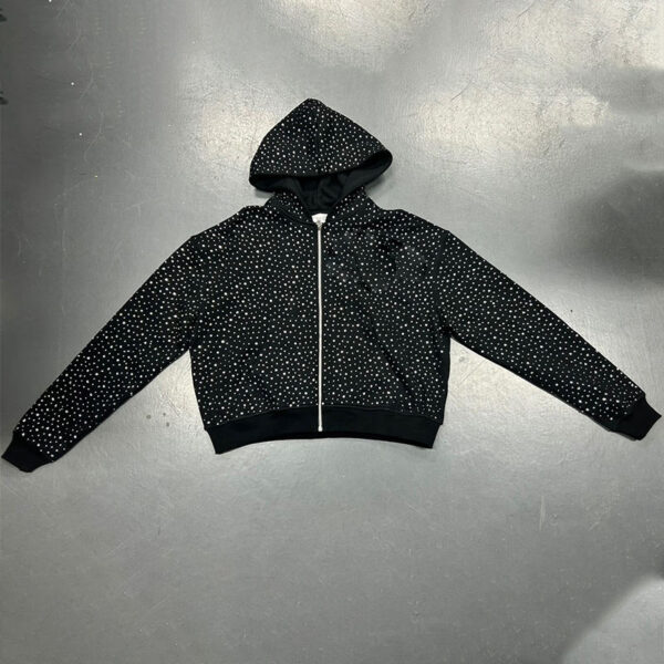 Custom rhinestone zip-up hoodie flat lay back view