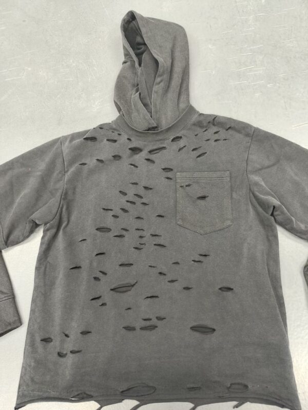 Custom distressed hoodie flat lay front view